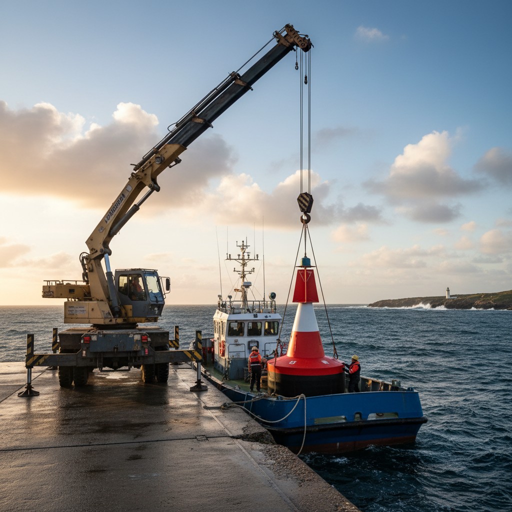 Large buoy being placed in sea by crane removed from boat with people standing beside and lighthouse in distance. Sky is m...