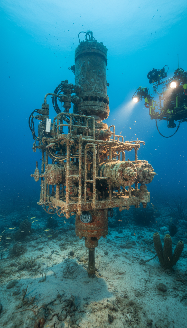 realistic sub sea well head, professional commercial subsea photo, sharp, high resolution