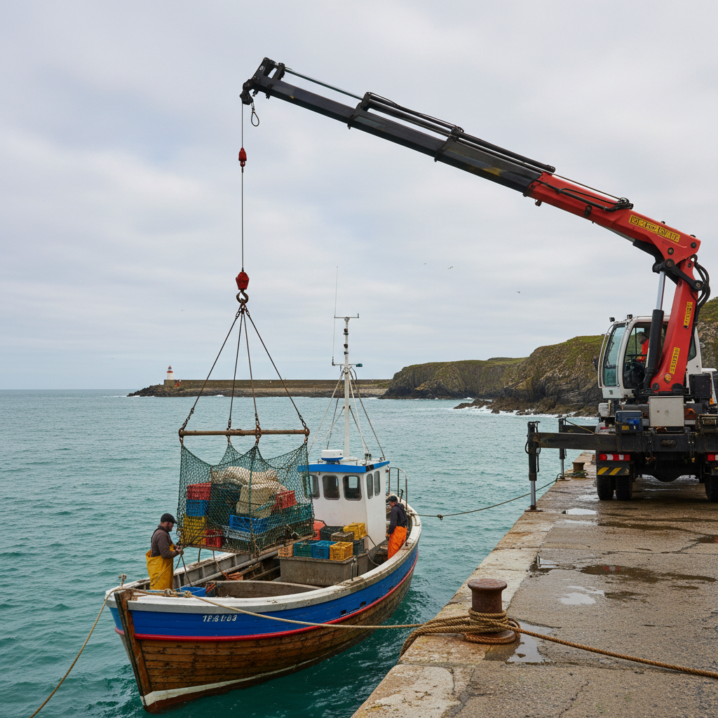 vehicle crane loading cargo onto a small boat