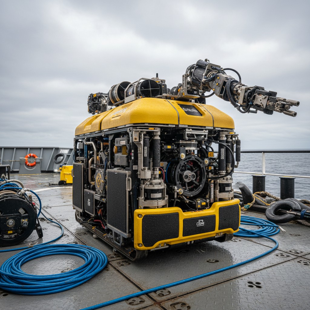The image depicts a robotic vehicle, likely a Remotely Operated Vehicle (ROV), situated on a metal platform in the water, ...