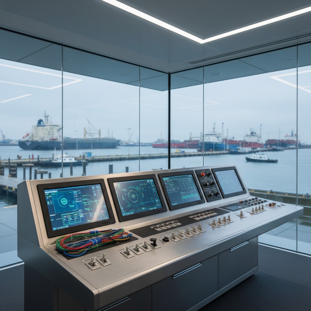 The image shows a control room with a large touch screen display, featuring various buttons and knobs for navigating throu...