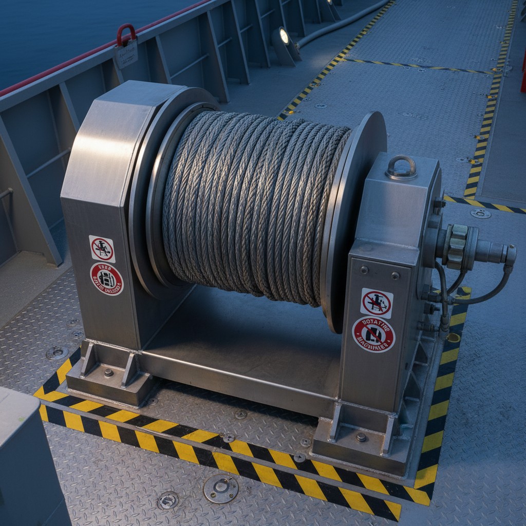 A large metal winch with rope, mounted on a platform, with warning signs visible.