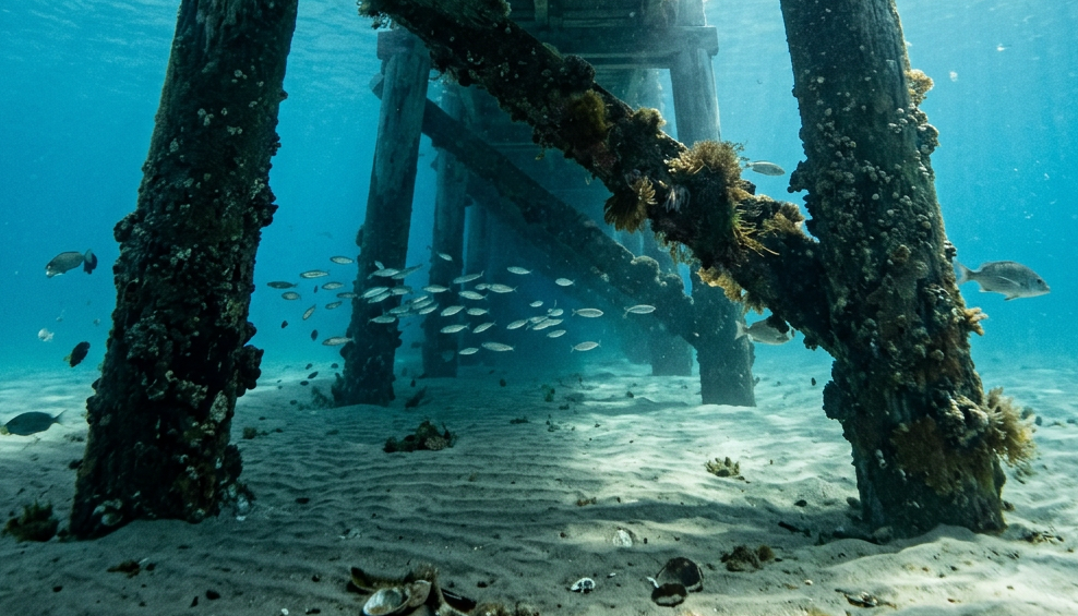 Wooden pier legs underwater with barnacles and small fish swimming nearby